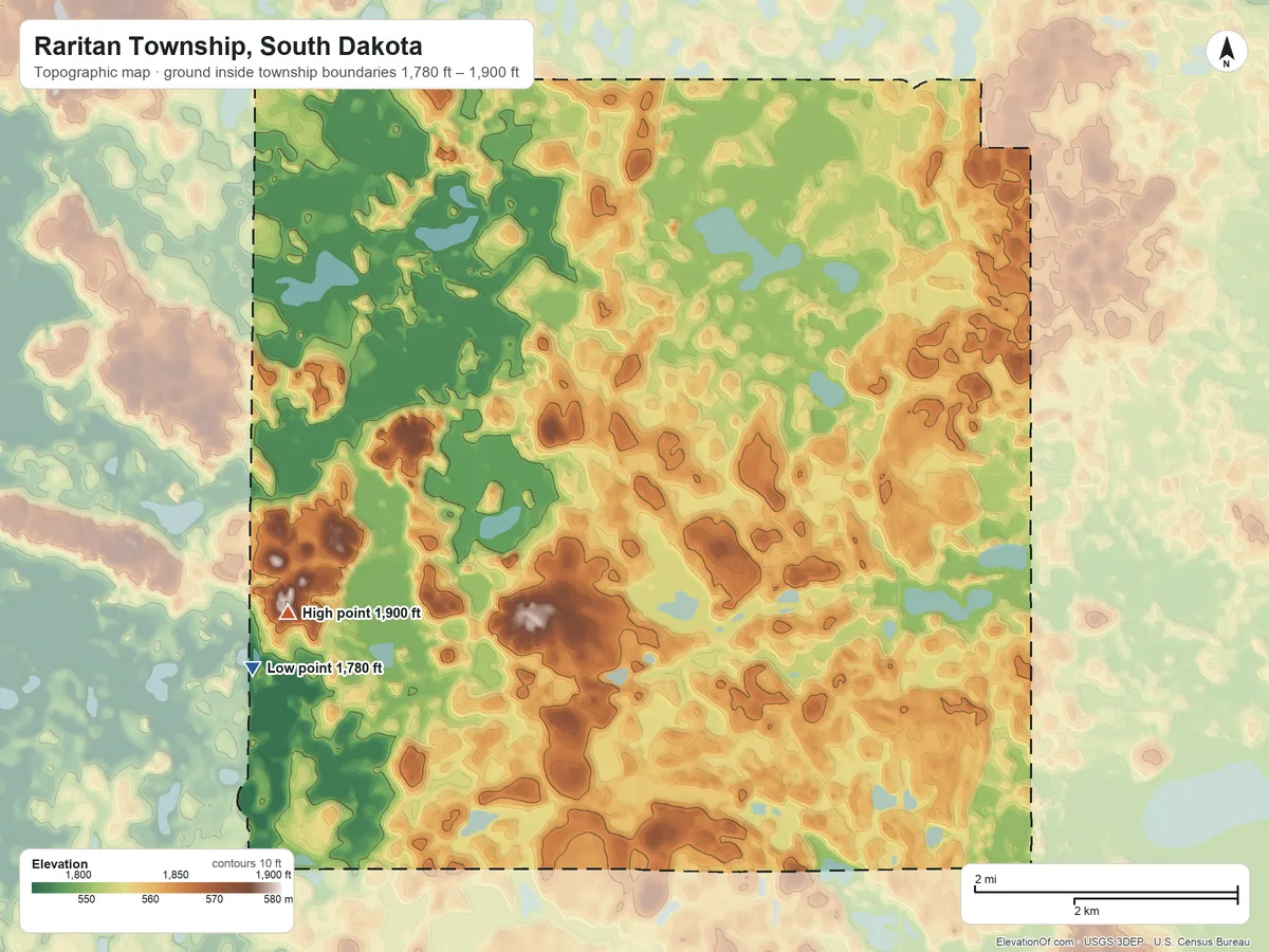 Topographic elevation map of Raritan Township, South Dakota, shaded from 1,780 ft on the west side to 1,900 ft on the west side