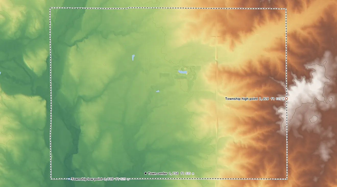 Topographic elevation map of Rauville Township, South Dakota, shaded from 1,720 ft on the west side to 2,020 ft on the northeast side