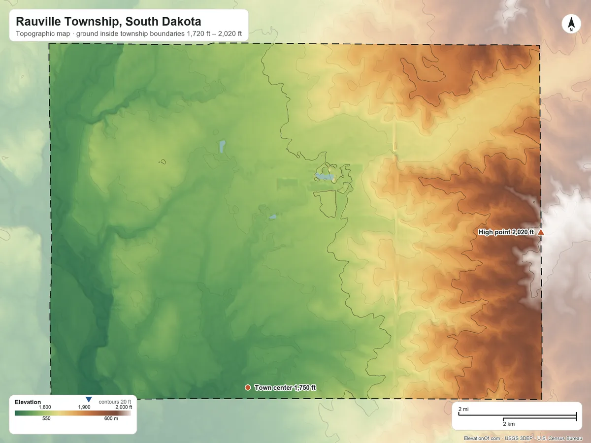 Topographic elevation map of Rauville Township, South Dakota, shaded from 1,720 ft on the west side to 2,020 ft on the northeast side