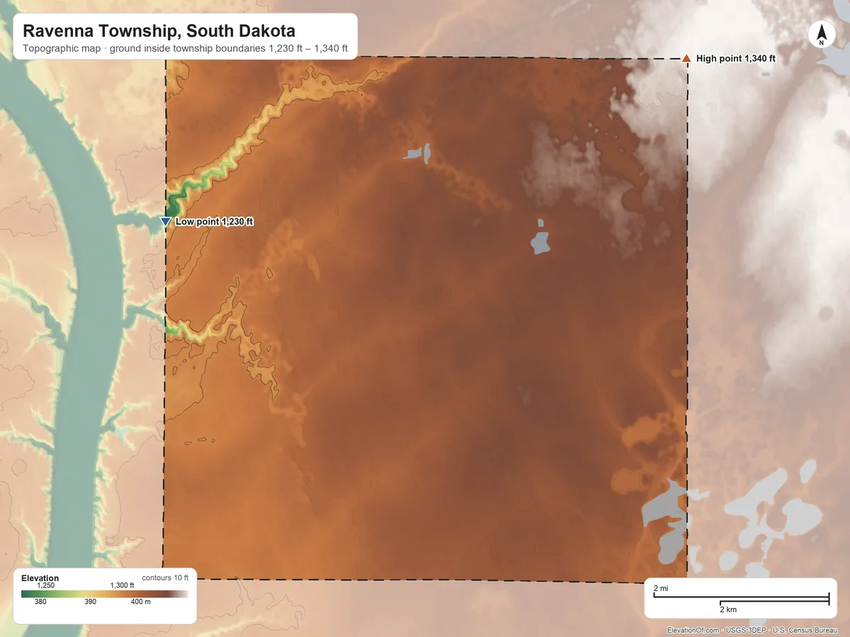 Topographic elevation map of Ravenna Township, South Dakota, shaded from 1,230 ft on the northwest side to 1,340 ft on the northeast side