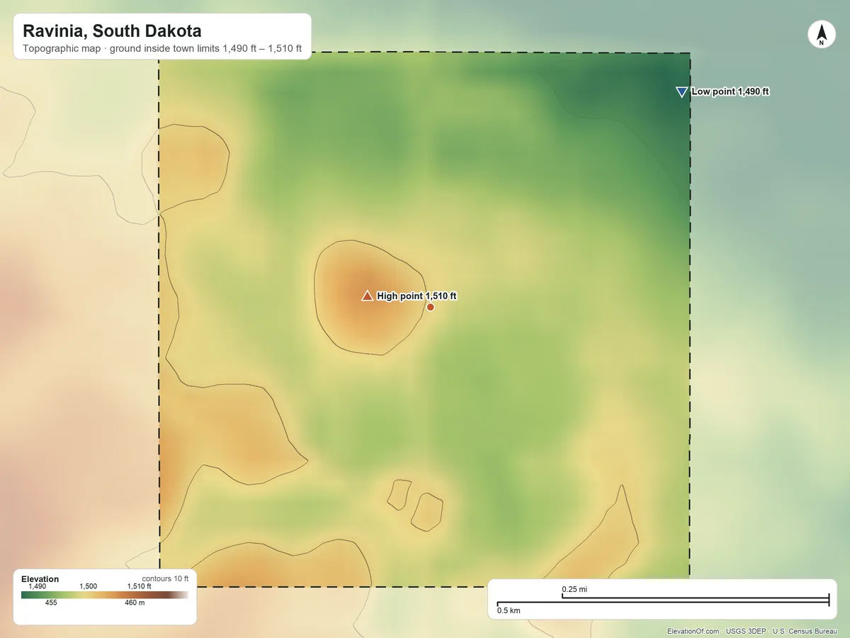 Topographic elevation map of Ravinia, South Dakota, shaded from 1,490 ft on the northeast side to 1,510 ft near the middle