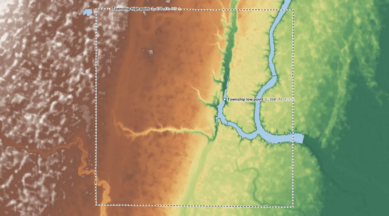 Topographic elevation map of Ravinia Township, South Dakota, shaded from 1,360 ft on the west side to 1,470 ft on the northwest side