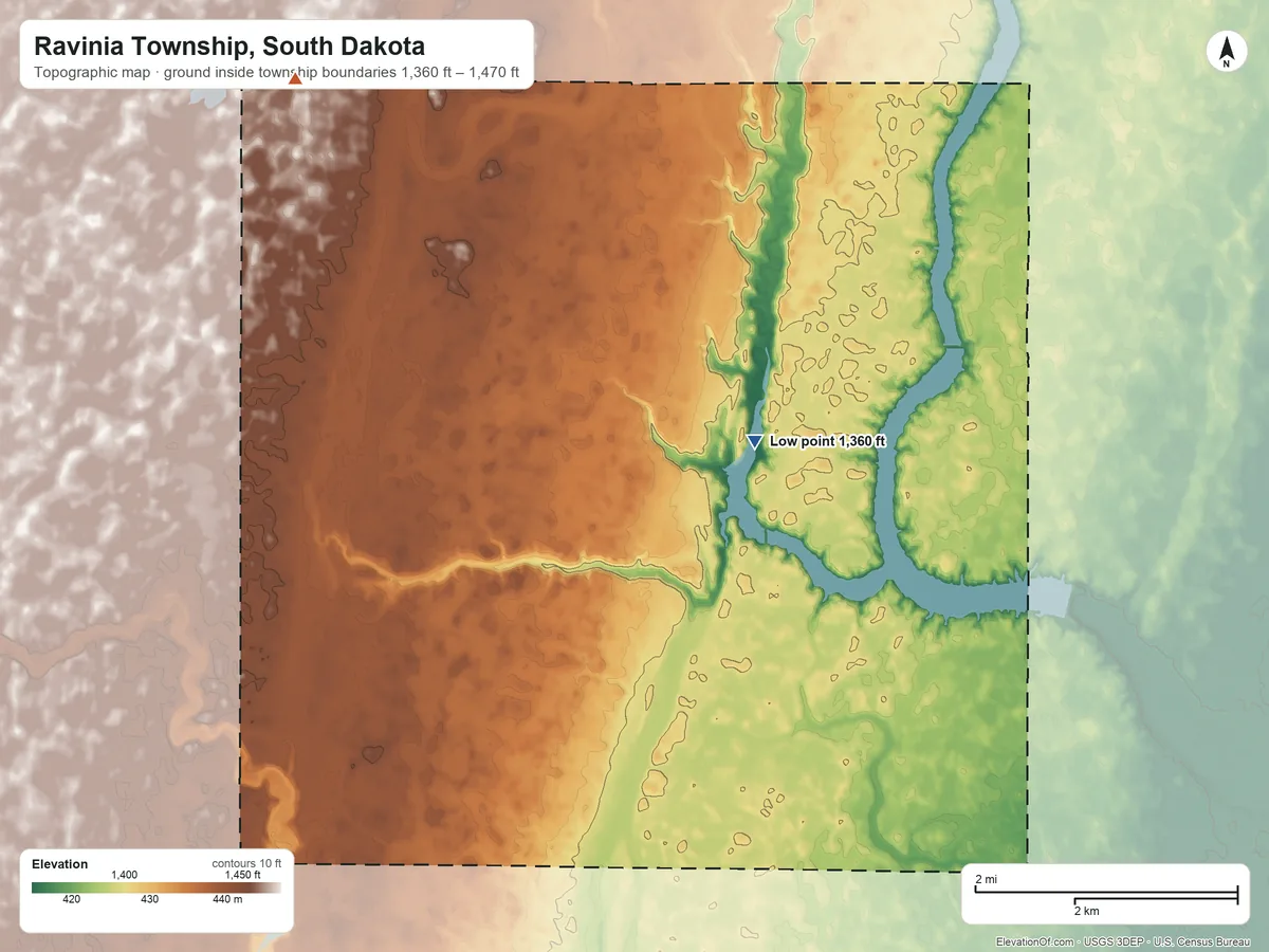 Topographic elevation map of Ravinia Township, South Dakota, shaded from 1,360 ft on the west side to 1,470 ft on the northwest side