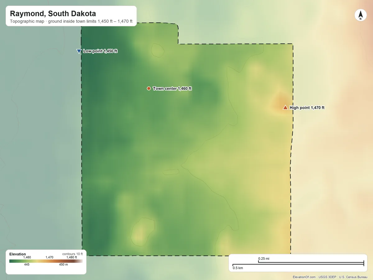 Topographic elevation map of Raymond, South Dakota, shaded from 1,450 ft on the northwest side to 1,470 ft on the east side
