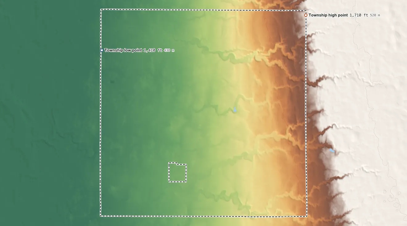Topographic elevation map of Raymond Township, South Dakota, shaded from 1,410 ft on the west side to 1,710 ft on the northeast side