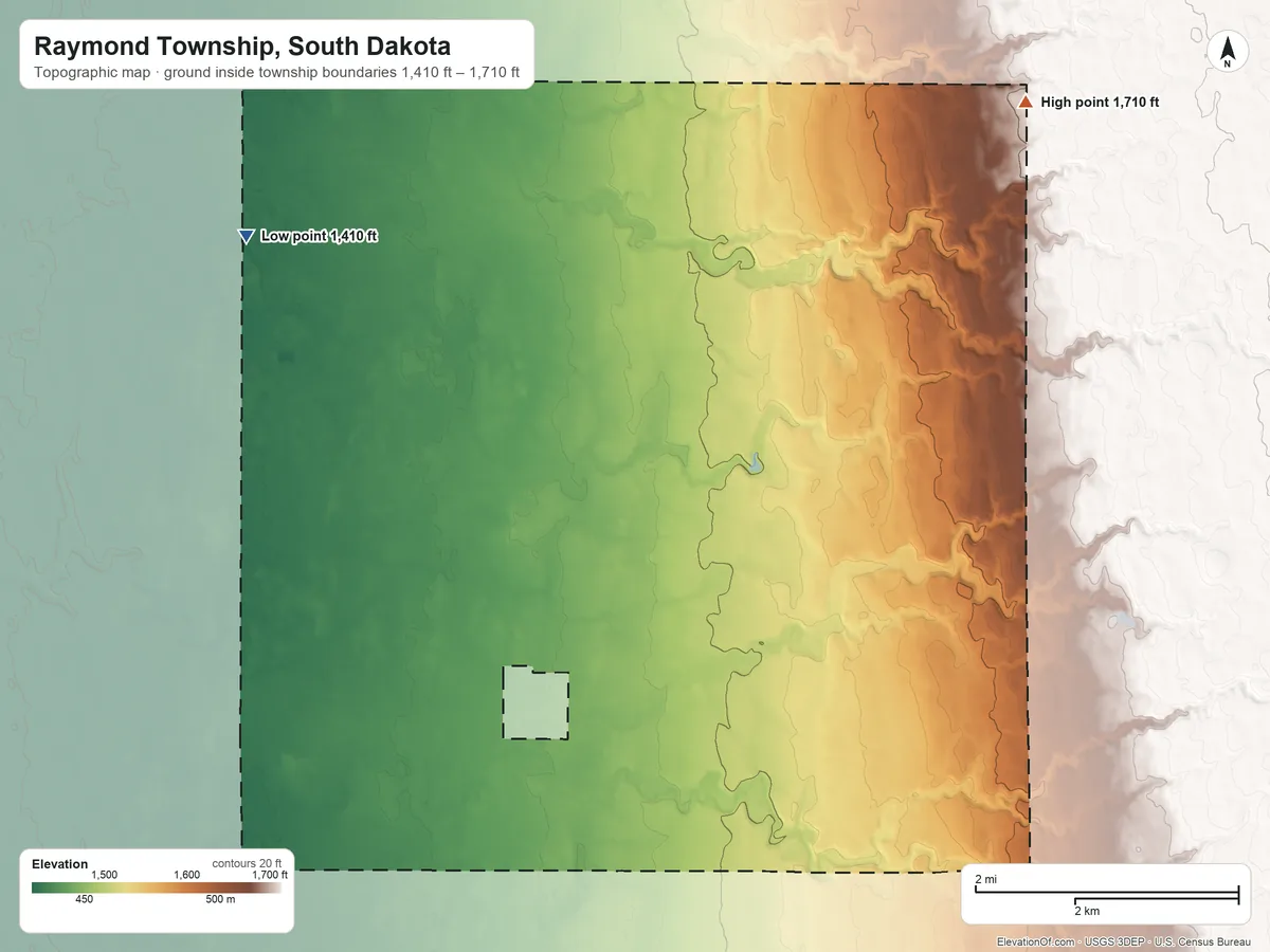 Topographic elevation map of Raymond Township, South Dakota, shaded from 1,410 ft on the west side to 1,710 ft on the northeast side