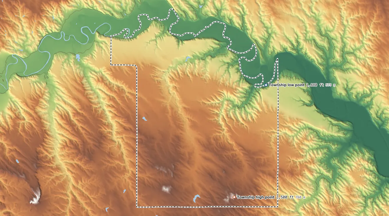 Topographic elevation map of Red Fish Township, South Dakota, shaded from 1,880 ft on the east side to 2,500 ft on the southeast side