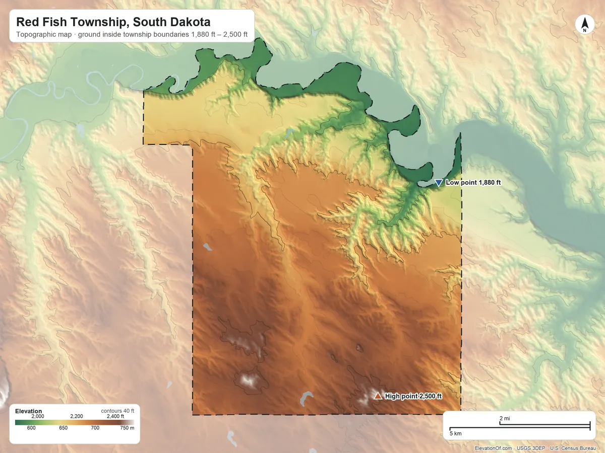 Topographic elevation map of Red Fish Township, South Dakota, shaded from 1,880 ft on the east side to 2,500 ft on the southeast side