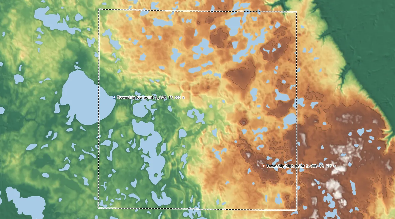 Topographic elevation map of Red Iron Lake Township, South Dakota, shaded from 1,820 ft on the west side to 2,080 ft on the southeast side