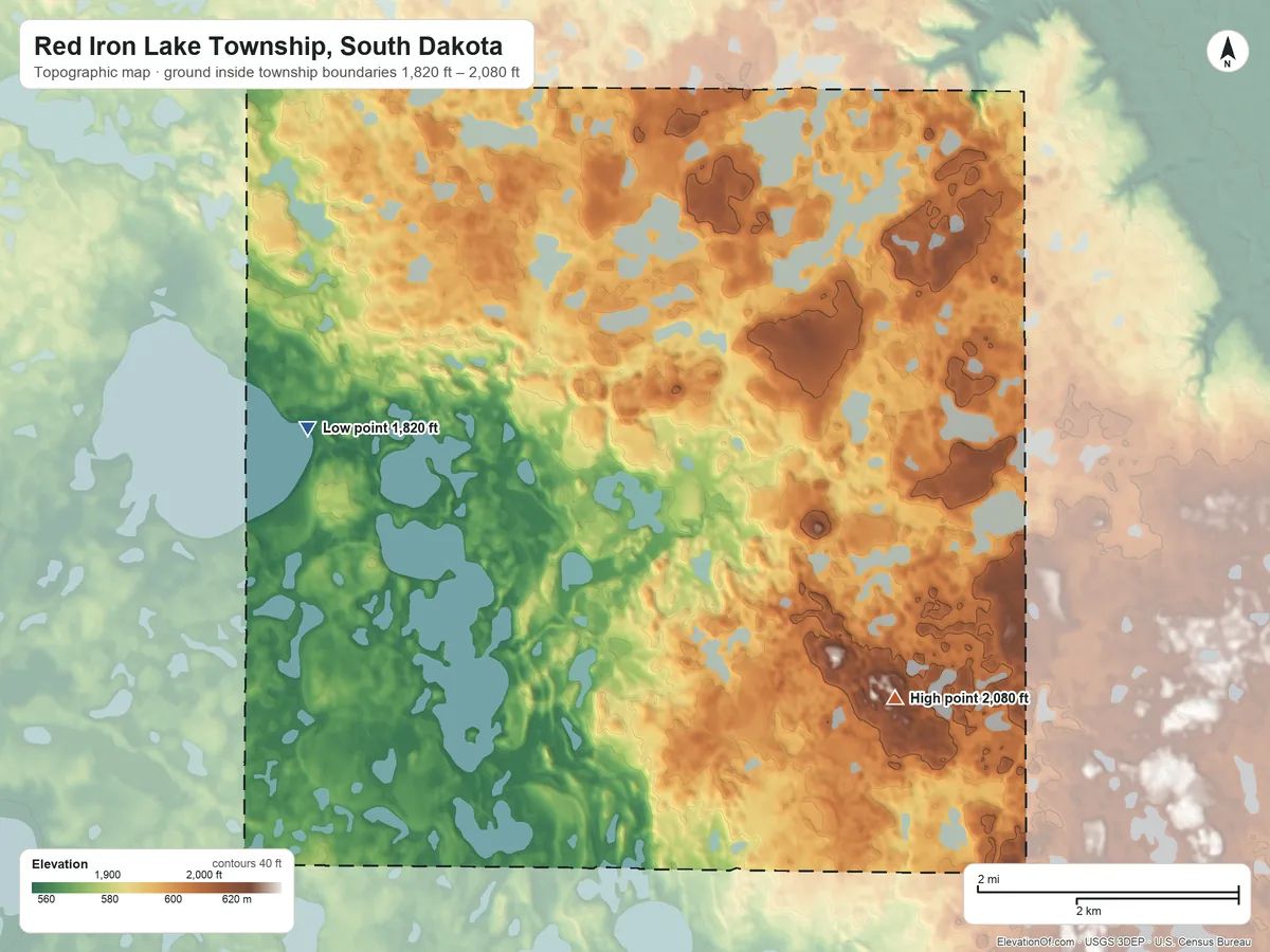 Topographic elevation map of Red Iron Lake Township, South Dakota, shaded from 1,820 ft on the west side to 2,080 ft on the southeast side