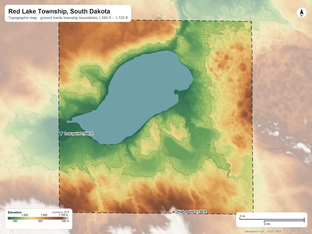 Topographic elevation map of Red Lake Township, South Dakota, shaded from 1,560 ft on the west side to 1,720 ft on the south side