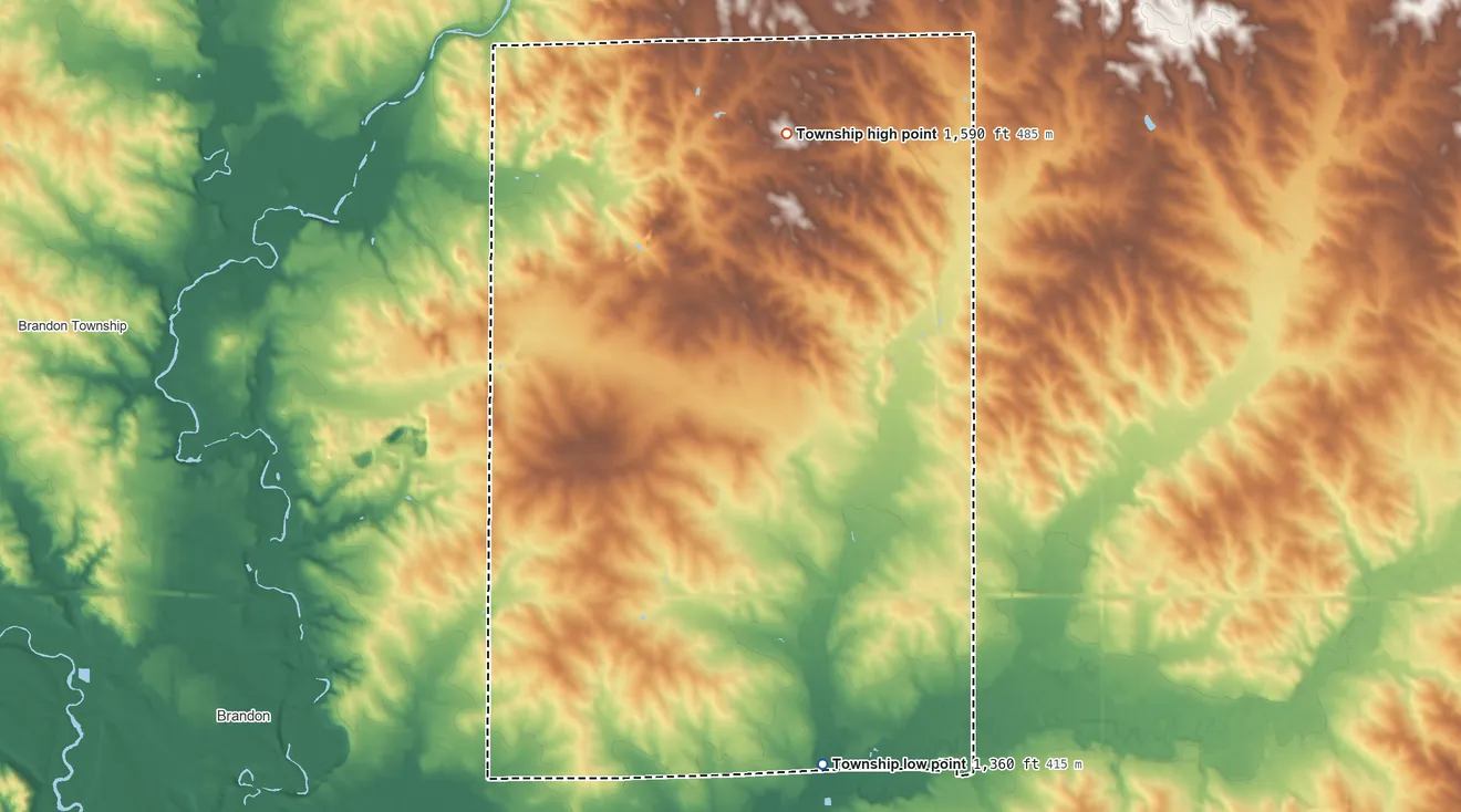 Topographic elevation map of Red Rock Township, South Dakota, shaded from 1,360 ft on the southeast side to 1,590 ft on the north side