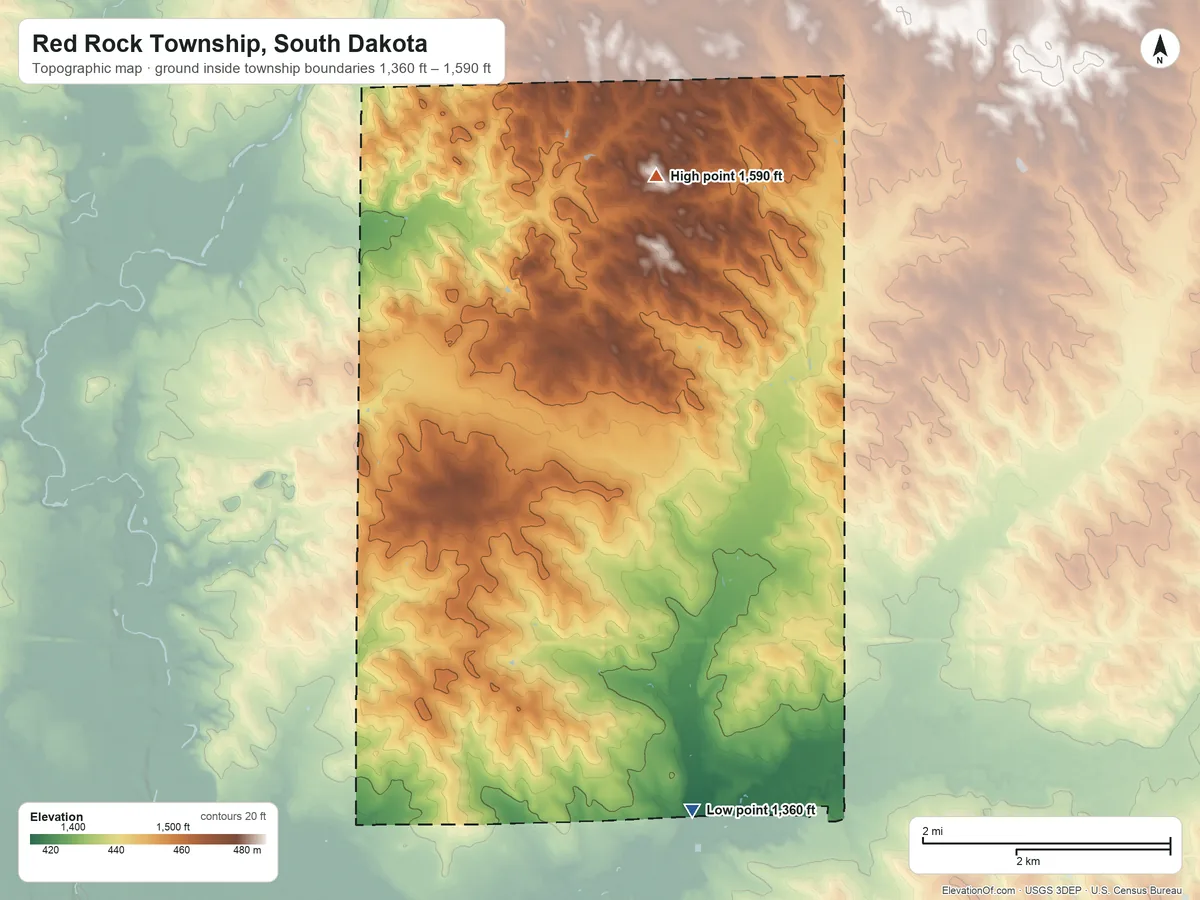 Topographic elevation map of Red Rock Township, South Dakota, shaded from 1,360 ft on the southeast side to 1,590 ft on the north side