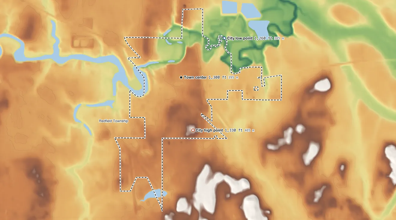 Topographic elevation map of Redfield, South Dakota, shaded from 1,260 ft on the northeast side to 1,330 ft on the south side