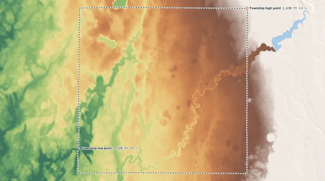 Topographic elevation map of Redstone Township, South Dakota, shaded from 1,320 ft on the west side to 1,430 ft on the northeast side
