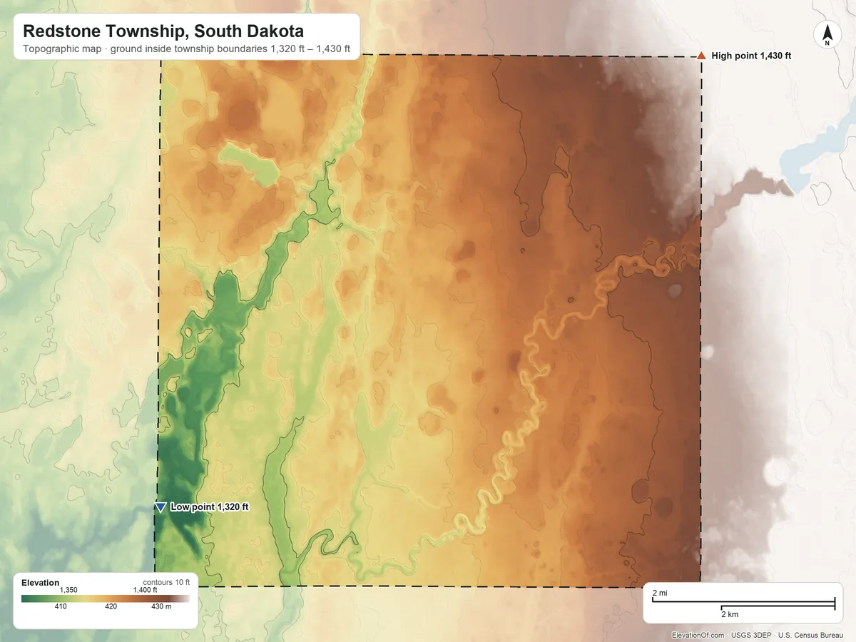 Topographic elevation map of Redstone Township, South Dakota, shaded from 1,320 ft on the west side to 1,430 ft on the northeast side