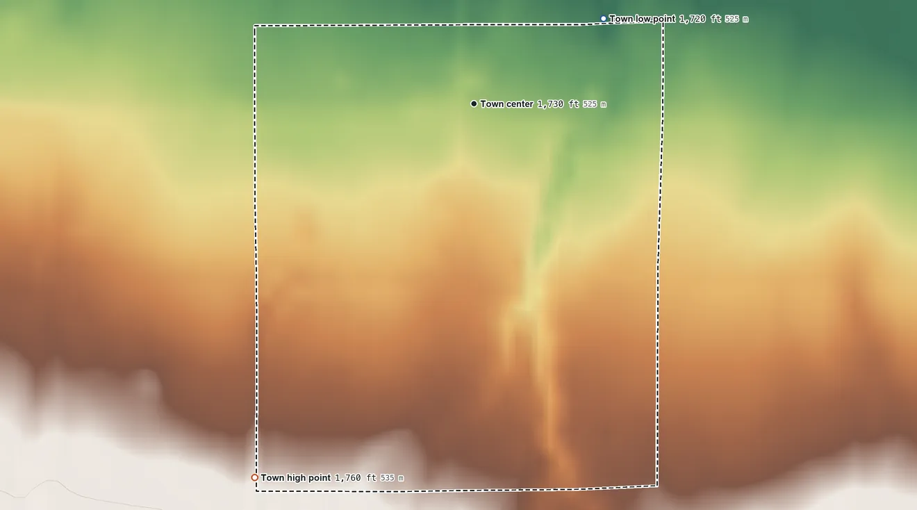 Topographic elevation map of Ree Heights, South Dakota, shaded from 1,720 ft on the northeast side to 1,760 ft at the foot of the Ree Heights