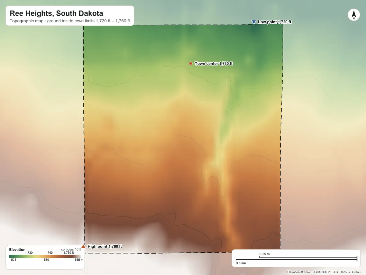 Topographic elevation map of Ree Heights, South Dakota, shaded from 1,720 ft on the northeast side to 1,760 ft at the foot of the Ree Heights