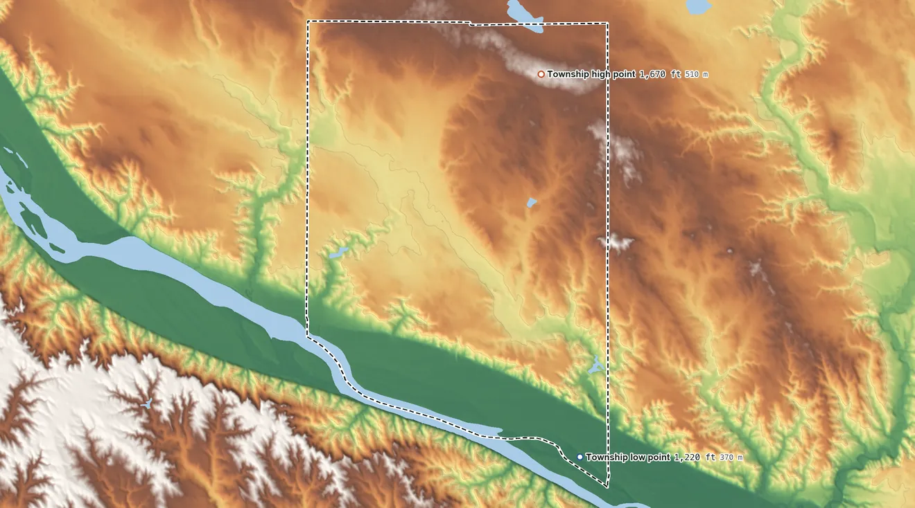 Topographic elevation map of Ree Township, South Dakota, shaded from 1,220 ft on the south side to 1,670 ft on the northeast side
