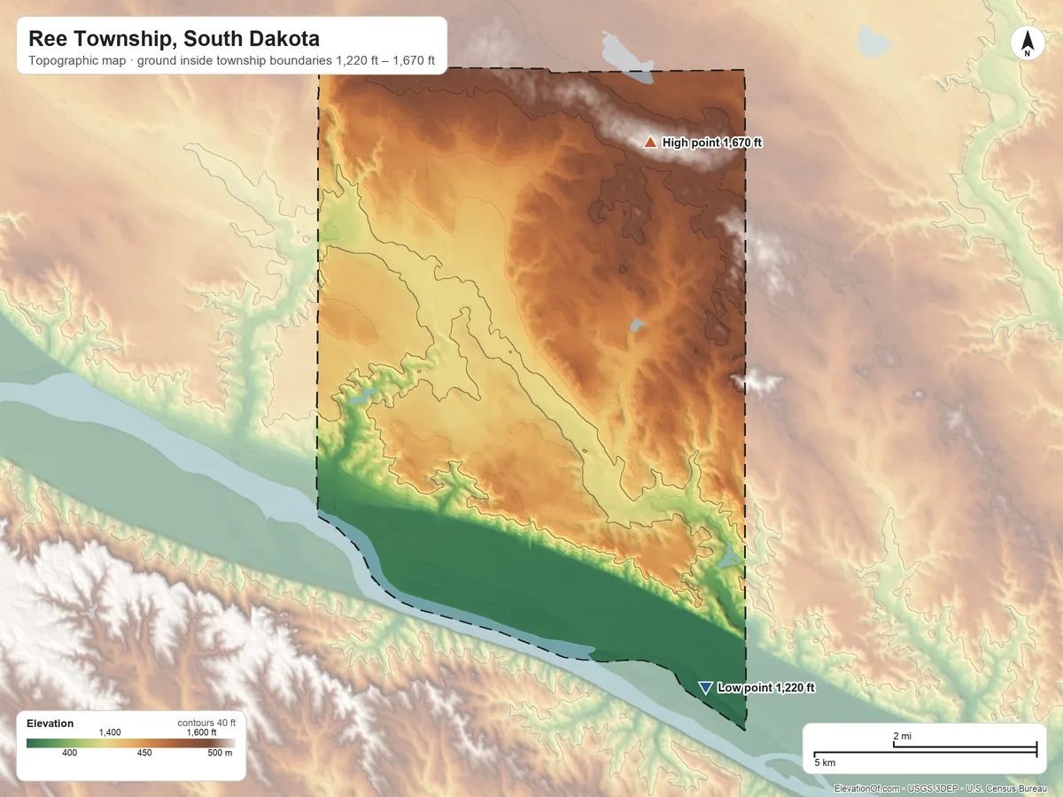 Topographic elevation map of Ree Township, South Dakota, shaded from 1,220 ft on the south side to 1,670 ft on the northeast side