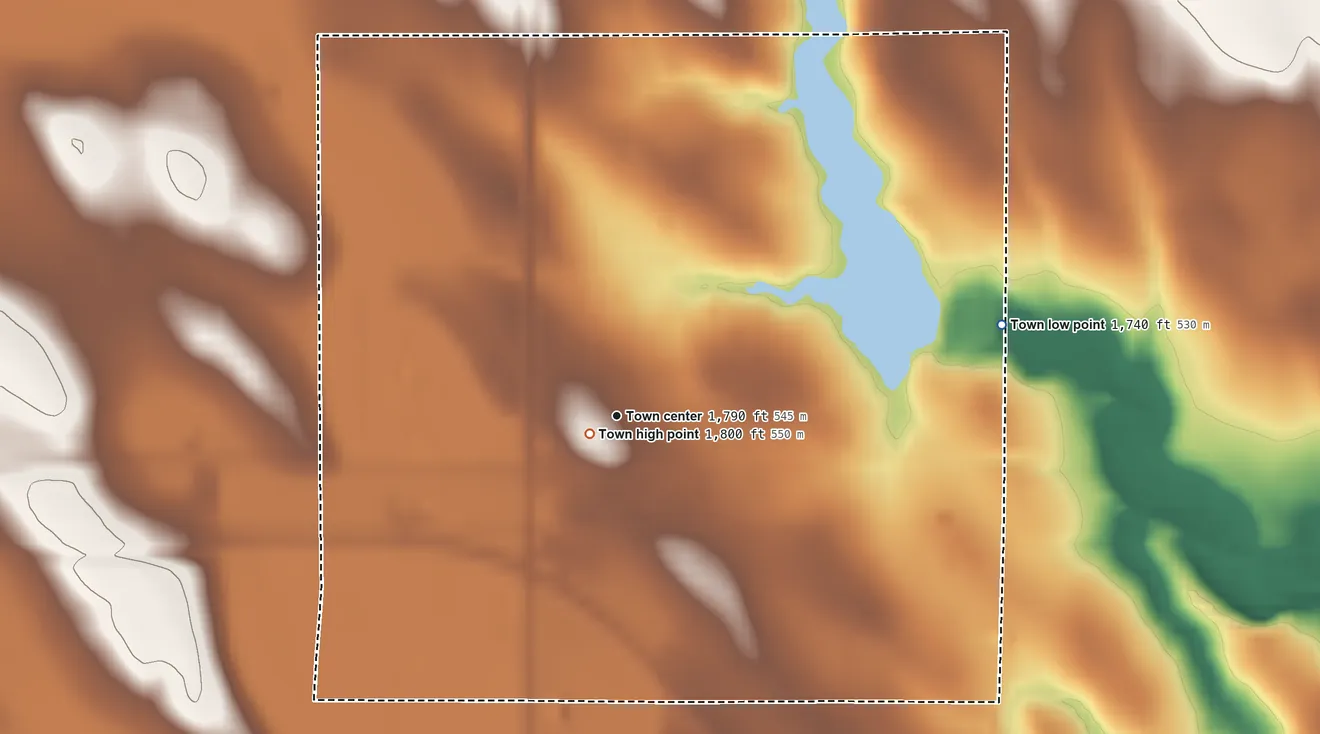Topographic elevation map of Reliance, South Dakota, shaded from 1,740 ft on the east side to 1,800 ft near the middle