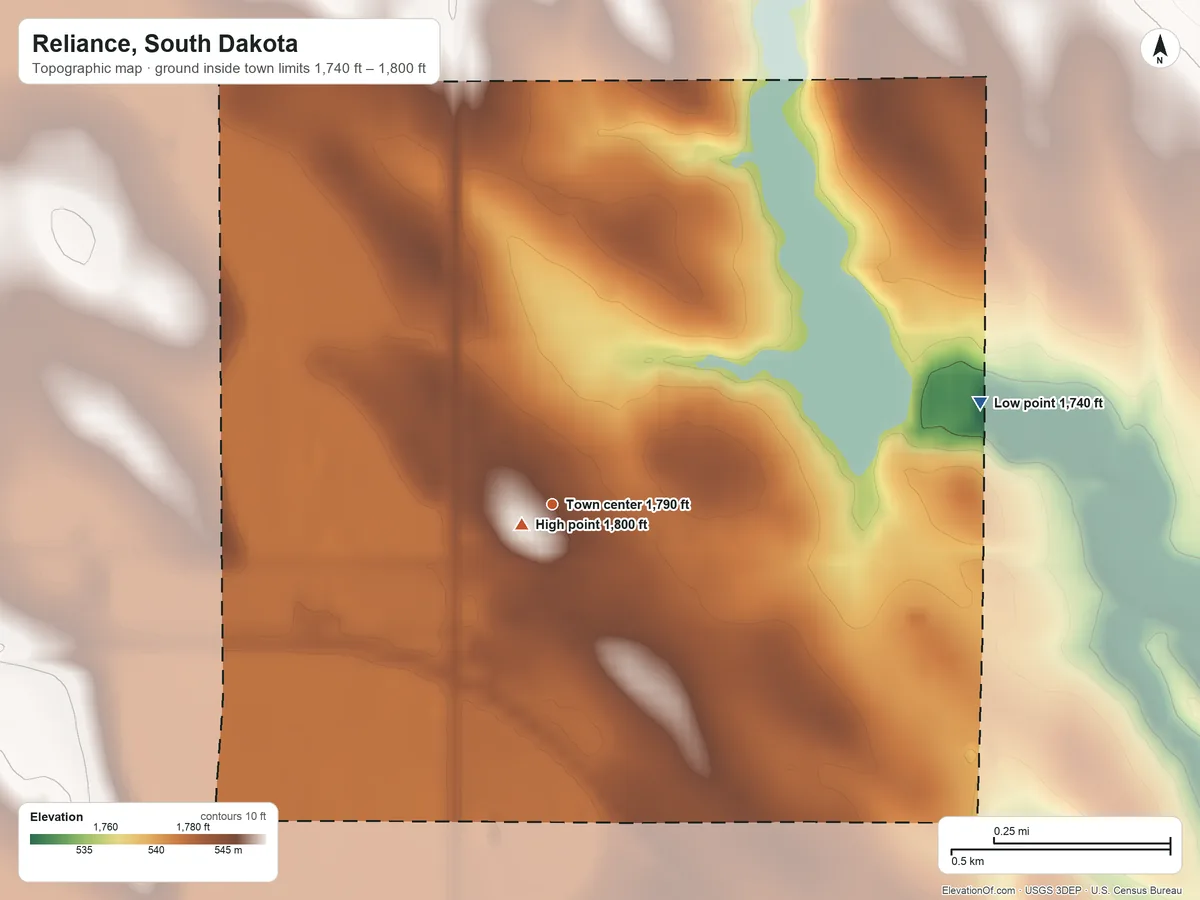 Topographic elevation map of Reliance, South Dakota, shaded from 1,740 ft on the east side to 1,800 ft near the middle