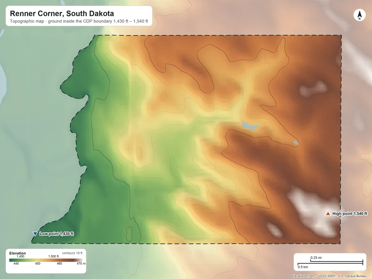 Topographic elevation map of Renner Corner, South Dakota, shaded from 1,430 ft on the southwest side to 1,540 ft on the east side