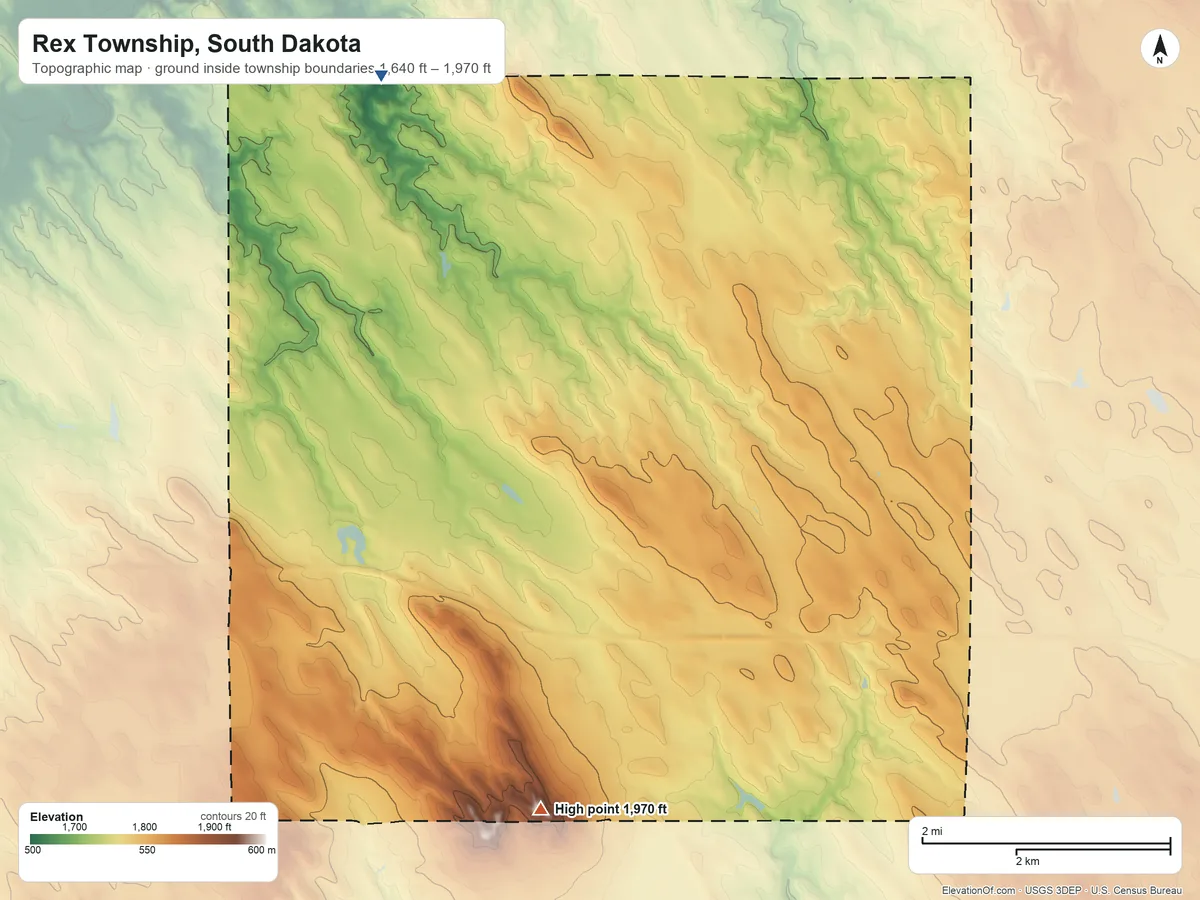 Topographic elevation map of Rex Township, South Dakota, shaded from 1,640 ft on the north side to 1,970 ft on Red Butte