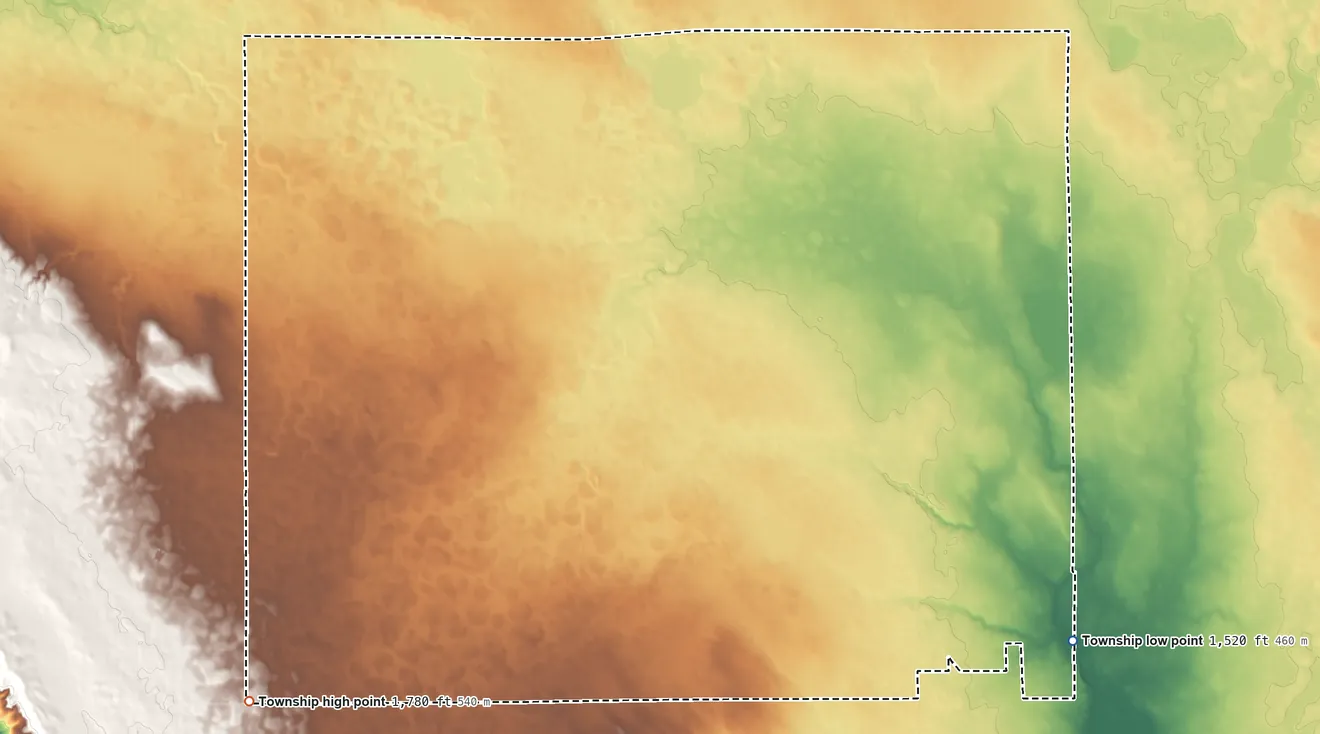 Topographic elevation map of Rhoda Township, South Dakota, shaded from 1,520 ft on the southeast side to 1,780 ft on the southwest side