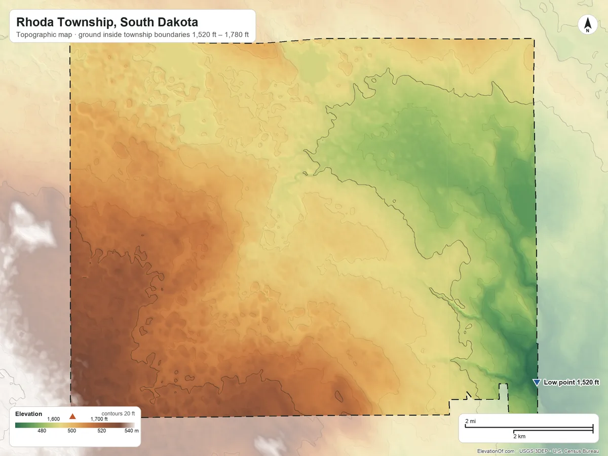 Topographic elevation map of Rhoda Township, South Dakota, shaded from 1,520 ft on the southeast side to 1,780 ft on the southwest side