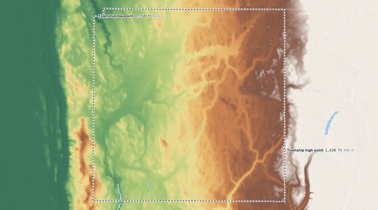 Topographic elevation map of Richfield Township, South Dakota, shaded from 1,350 ft on the northwest side to 1,430 ft on the southeast side