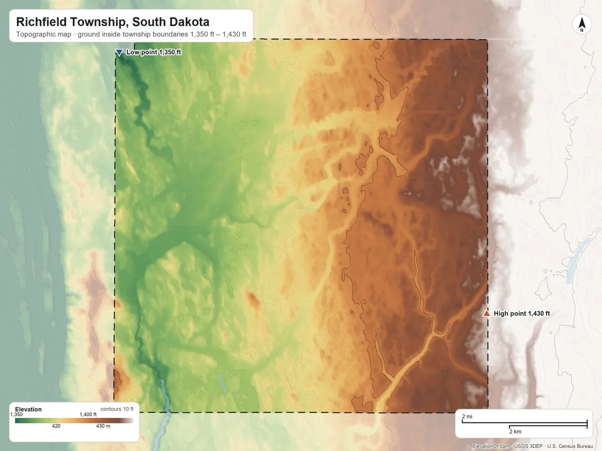 Topographic elevation map of Richfield Township, South Dakota, shaded from 1,350 ft on the northwest side to 1,430 ft on the southeast side