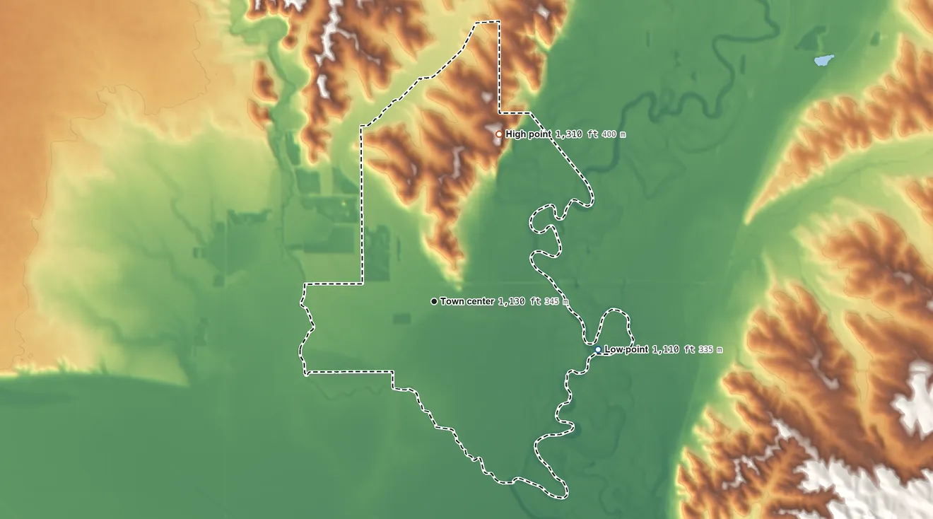 Topographic elevation map of Richland, South Dakota, shaded from 1,110 ft on the east side to 1,310 ft on the north side
