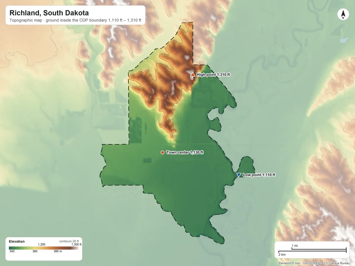 Topographic elevation map of Richland, South Dakota, shaded from 1,110 ft on the east side to 1,310 ft on the north side