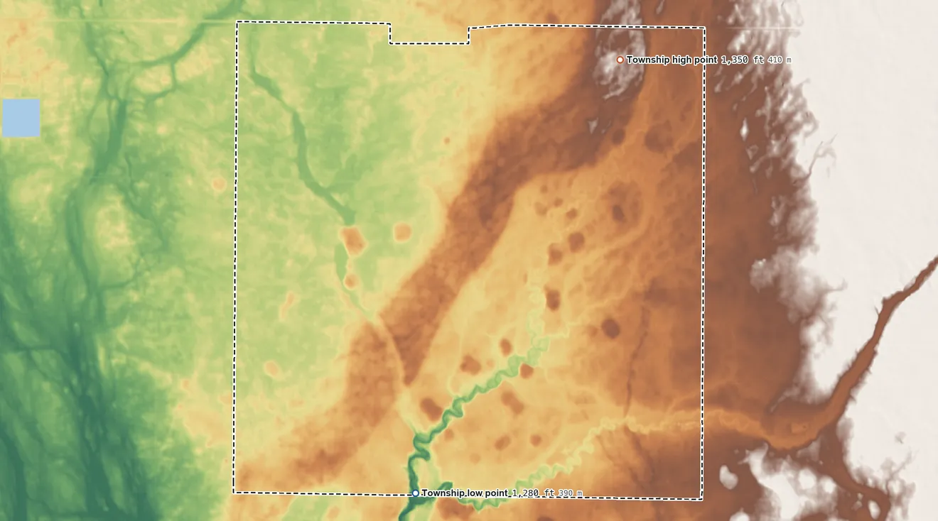 Topographic elevation map of Richland Township, Beadle County, South Dakota, shaded from 1,280 ft on the south side to 1,350 ft on the northeast side