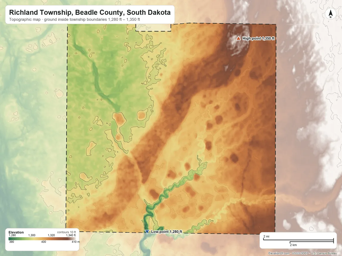 Topographic elevation map of Richland Township, Beadle County, South Dakota, shaded from 1,280 ft on the south side to 1,350 ft on the northeast side