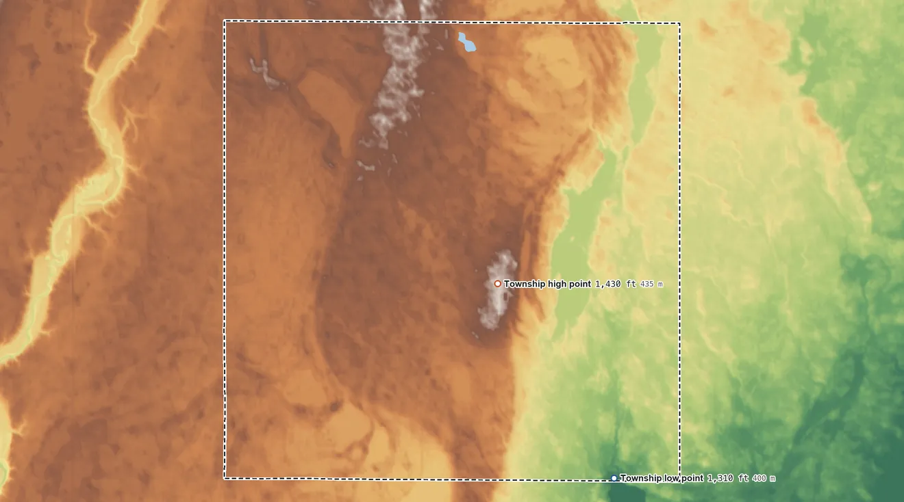 Topographic elevation map of Richland Township, Brown County, South Dakota, shaded from 1,310 ft on the south side to 1,430 ft on the southwest side