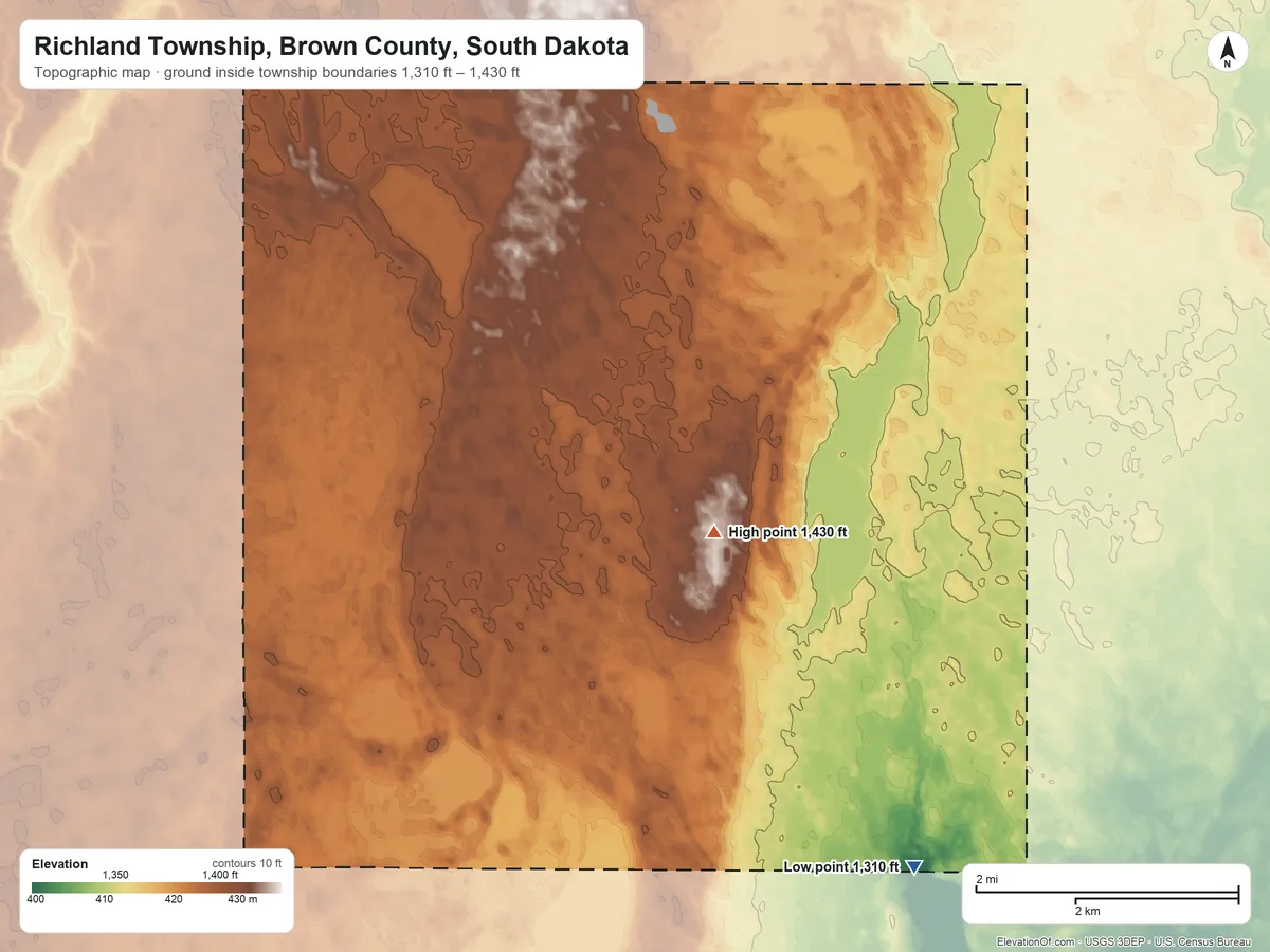 Topographic elevation map of Richland Township, Brown County, South Dakota, shaded from 1,310 ft on the south side to 1,430 ft on the southwest side