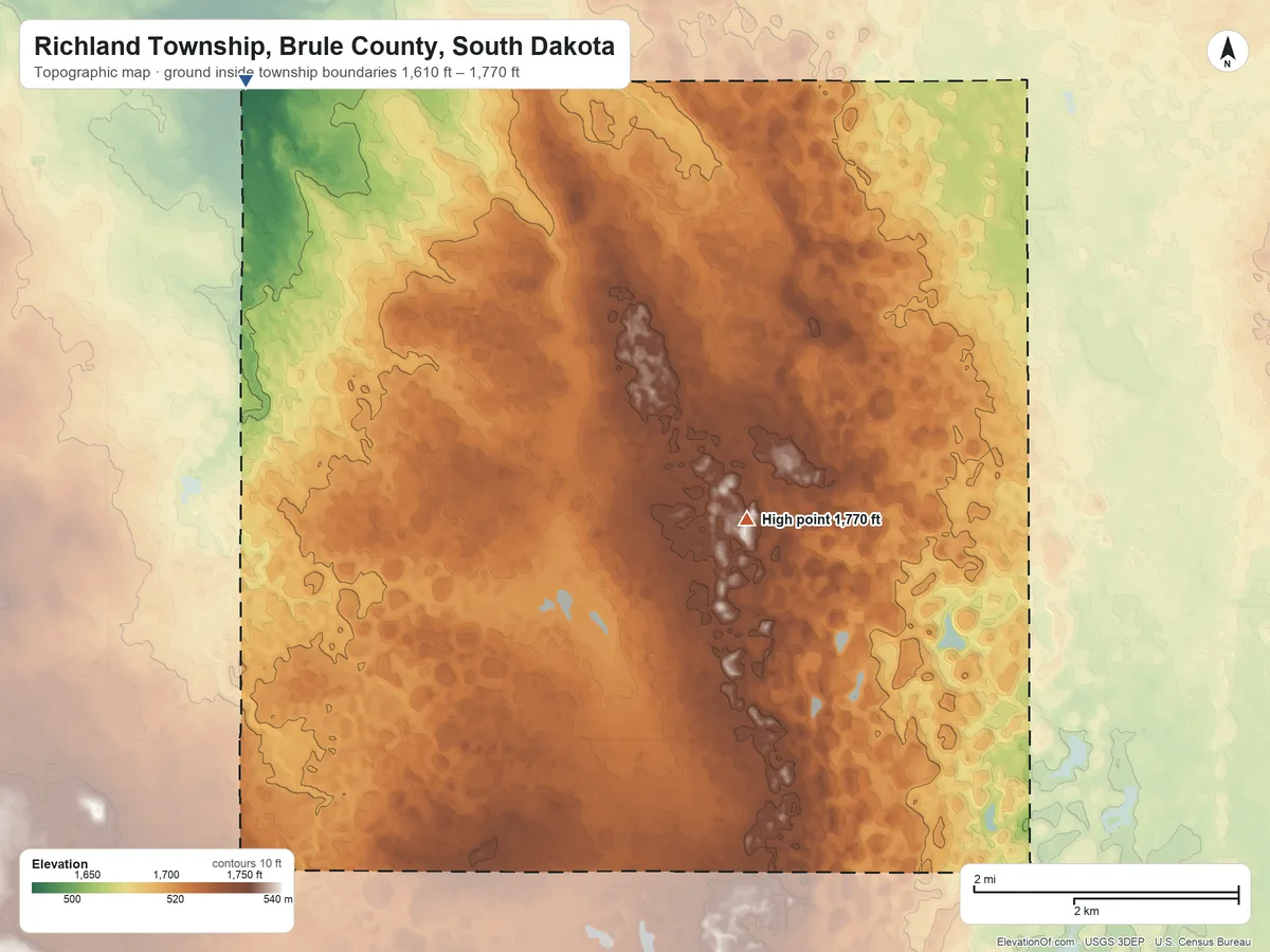Topographic elevation map of Richland Township, Brule County, South Dakota, shaded from 1,610 ft on the northwest side to 1,770 ft on the northeast side