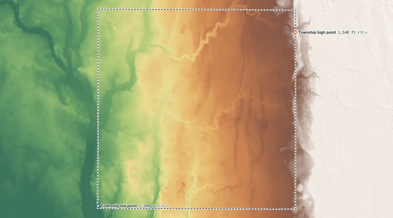 Topographic elevation map of Richland Township, Clark County, South Dakota, shaded from 1,380 ft on the southwest side to 1,540 ft on the northeast side