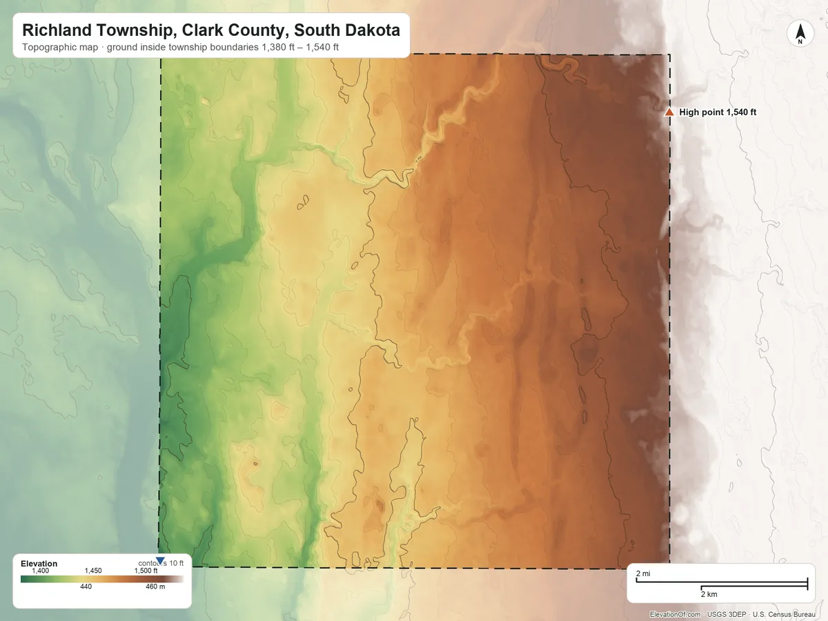 Topographic elevation map of Richland Township, Clark County, South Dakota, shaded from 1,380 ft on the southwest side to 1,540 ft on the northeast side