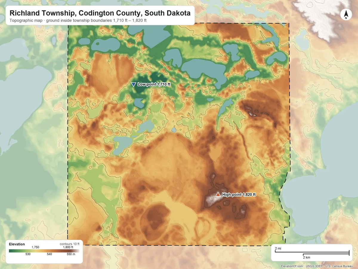 Topographic elevation map of Richland Township, Codington County, South Dakota, shaded from 1,710 ft on the northwest side to 1,820 ft on the southeast side