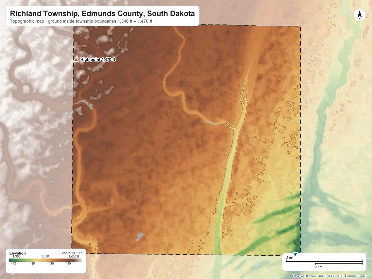 Topographic elevation map of Richland Township, Edmunds County, South Dakota, shaded from 1,340 ft on the southeast side to 1,470 ft on the northwest side