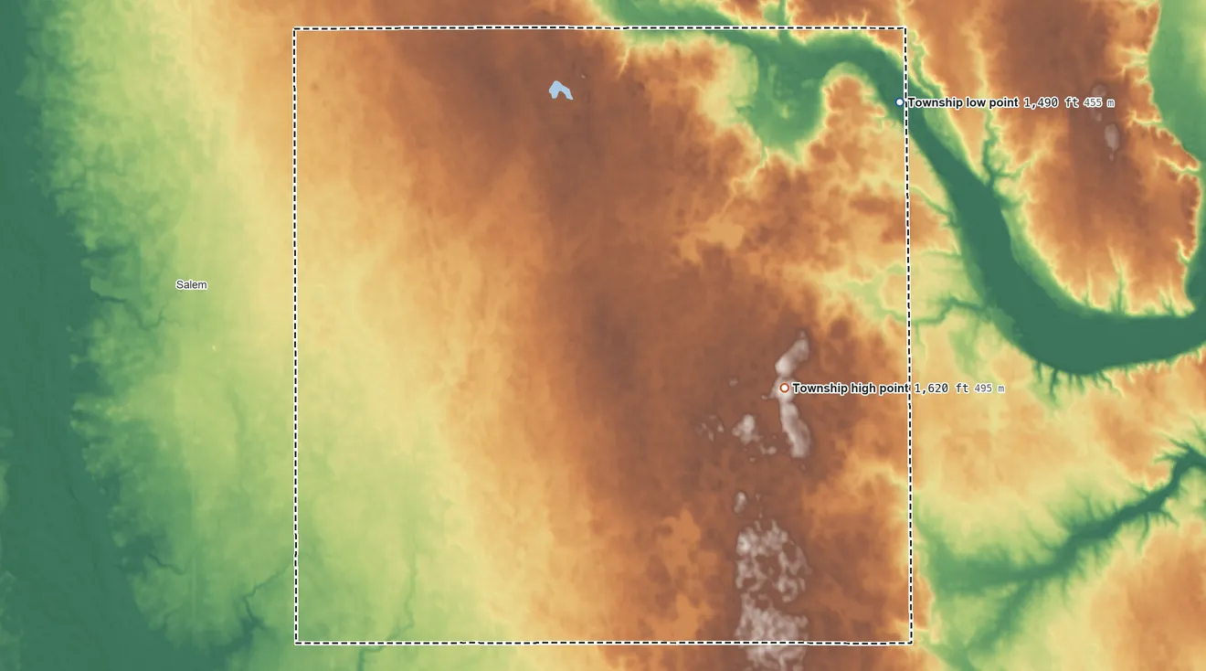 Topographic elevation map of Richland Township, McCook County, South Dakota, shaded from 1,490 ft on the northeast side to 1,620 ft on the southeast side