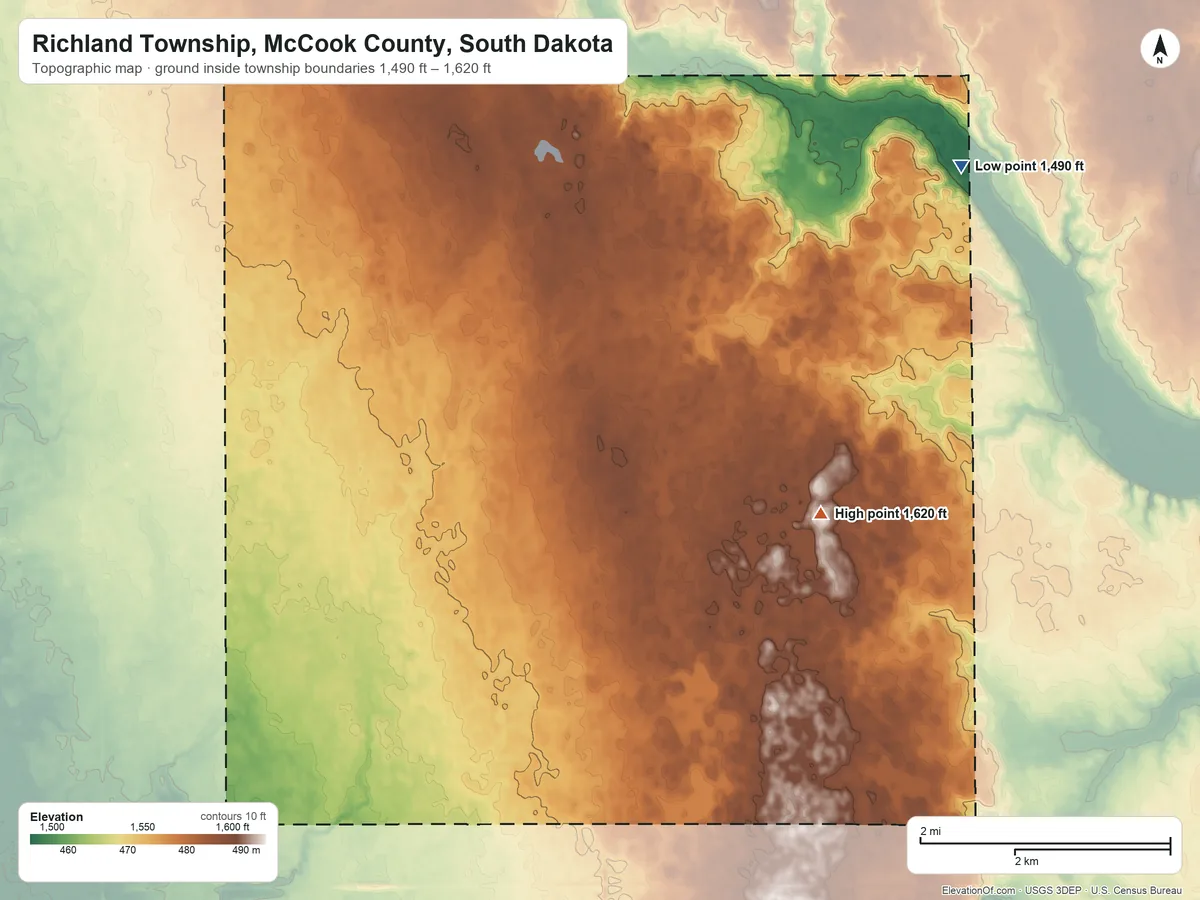 Topographic elevation map of Richland Township, McCook County, South Dakota, shaded from 1,490 ft on the northeast side to 1,620 ft on the southeast side