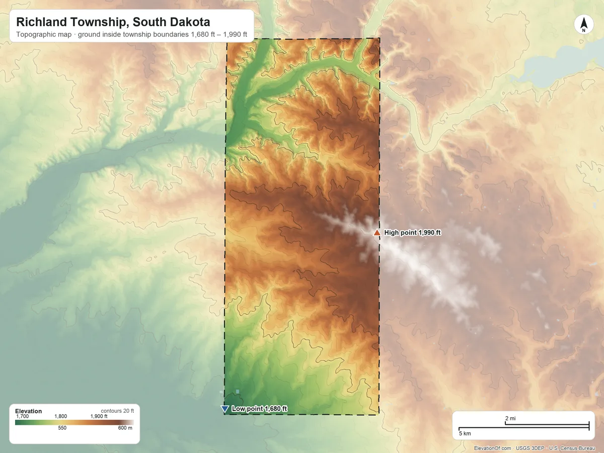 Topographic elevation map of Richland Township, South Dakota, shaded from 1,680 ft on the south side to 1,990 ft on the east side