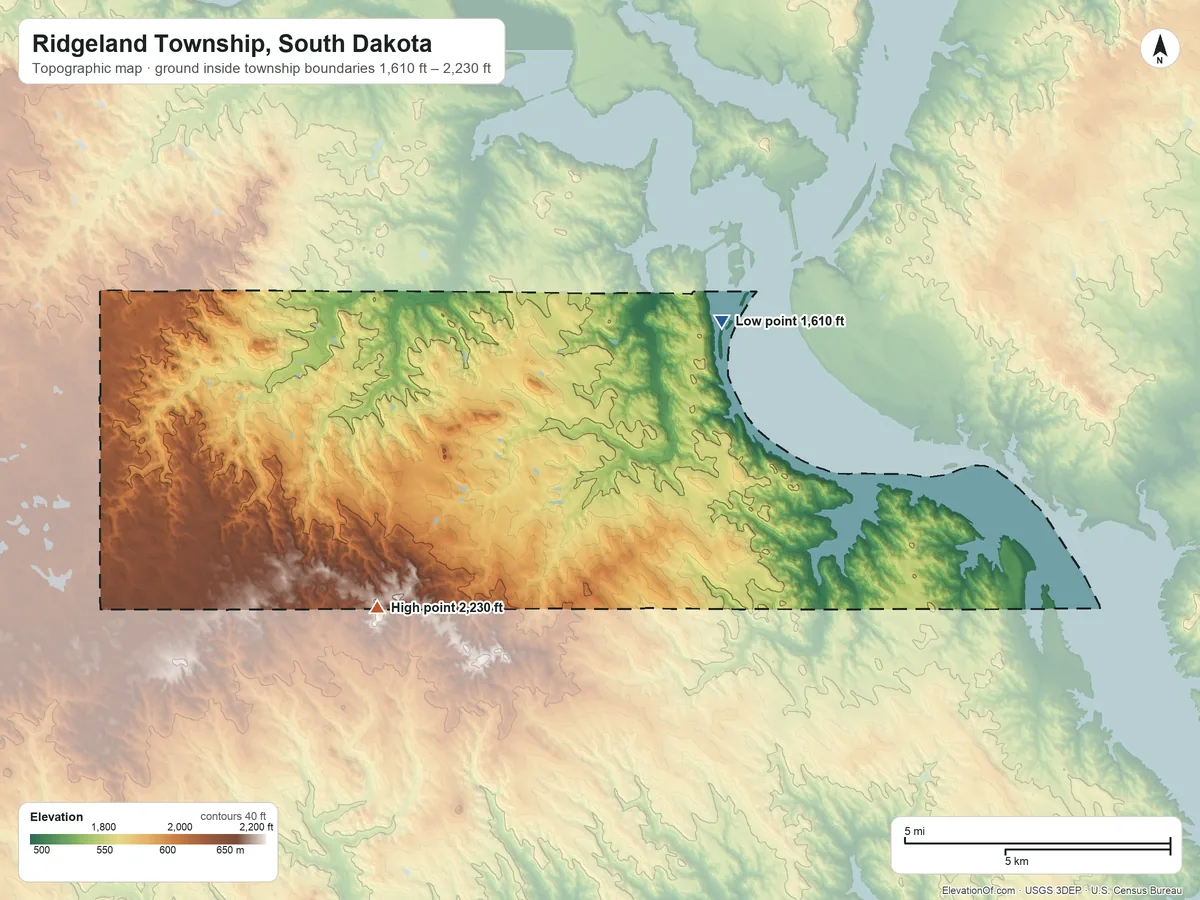 Topographic elevation map of Ridgeland Township, South Dakota, shaded from 1,610 ft on the east side to 2,230 ft on the south side