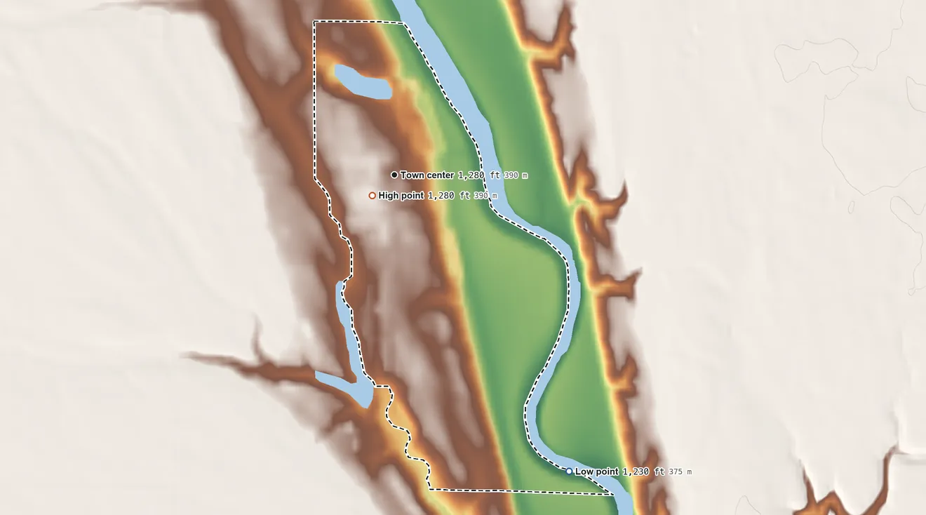 Topographic elevation map of Riverside Colony, South Dakota, shaded from 1,230 ft on the southeast side to 1,280 ft near the middle