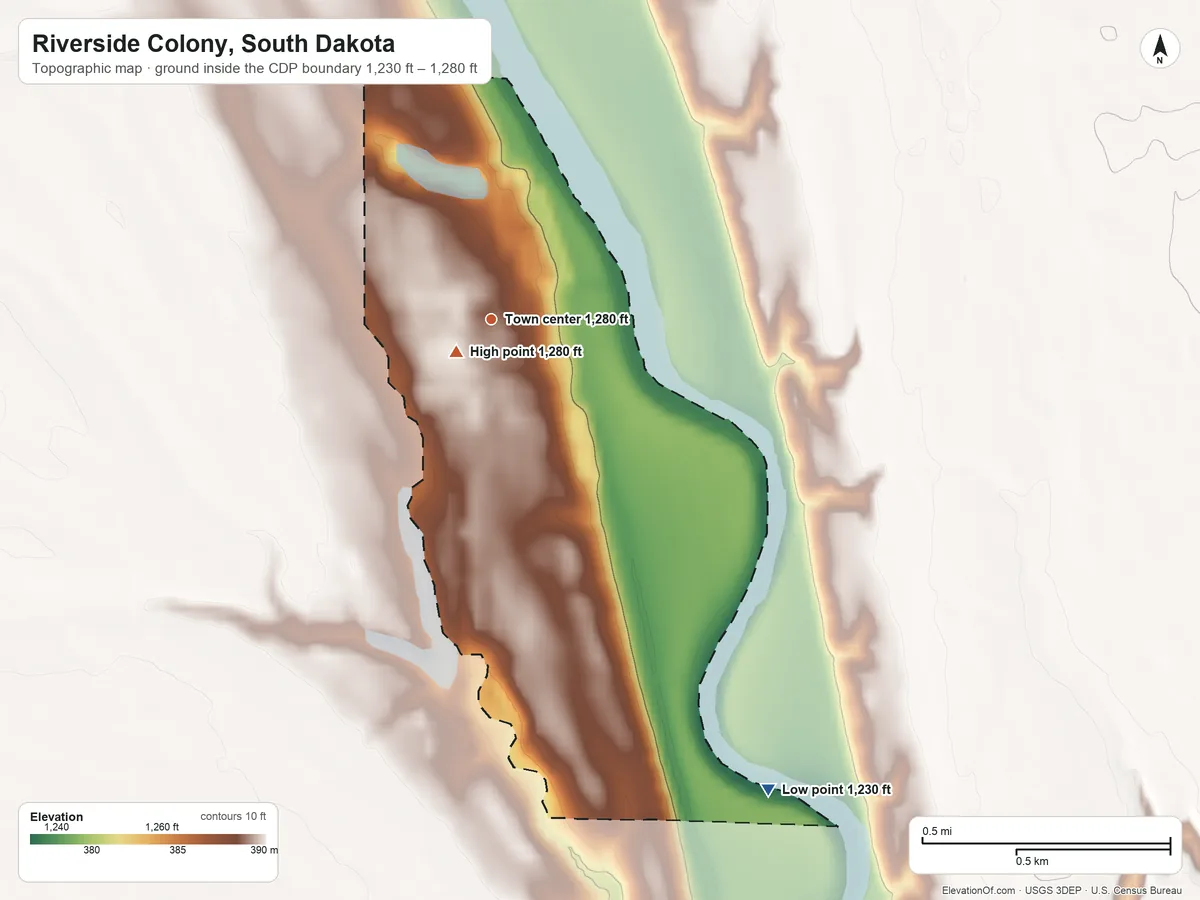 Topographic elevation map of Riverside Colony, South Dakota, shaded from 1,230 ft on the southeast side to 1,280 ft near the middle