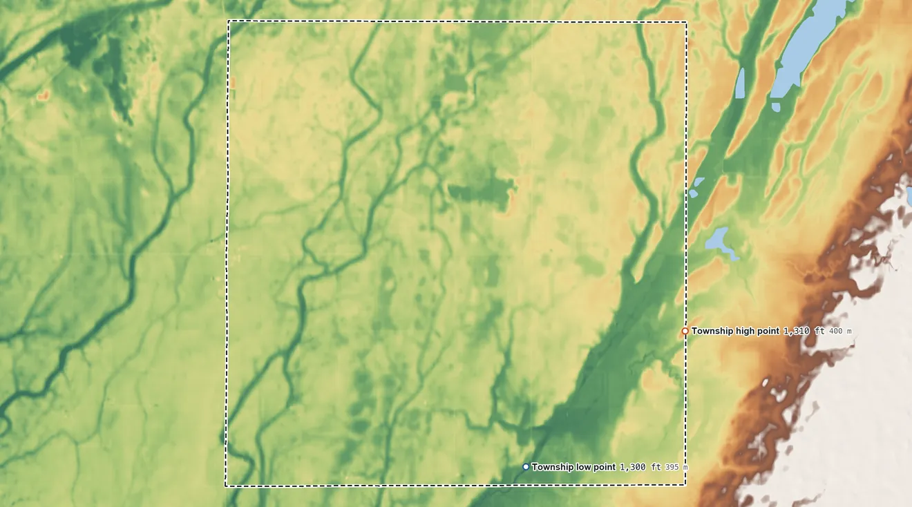 Topographic elevation map of Riverside Township, Brown County, South Dakota, shaded from 1,300 ft on the southeast side to 1,310 ft on the east side